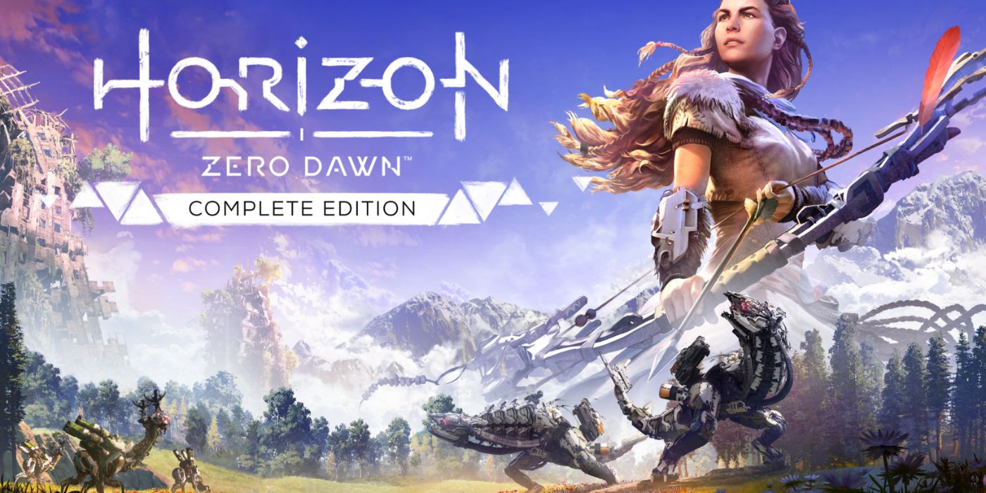 Arte promocional de Horizon Zero Dawn apresentando Aloy e a vasta paisagem com animais robóticos.