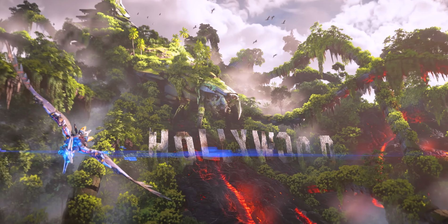 Aloy, the main character of the Horizon series, is seen riding a robotic pterodactyl in front of the Hollywood sign that's overgrown with plants and has a giant robot crawling on top of it and lava spilling out from its side.