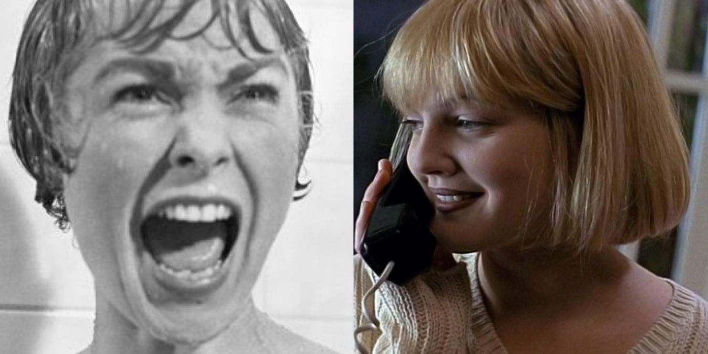 Split image of Marion Crane yelling in Psycho and Casey Becker on the phone in Scream (1996)