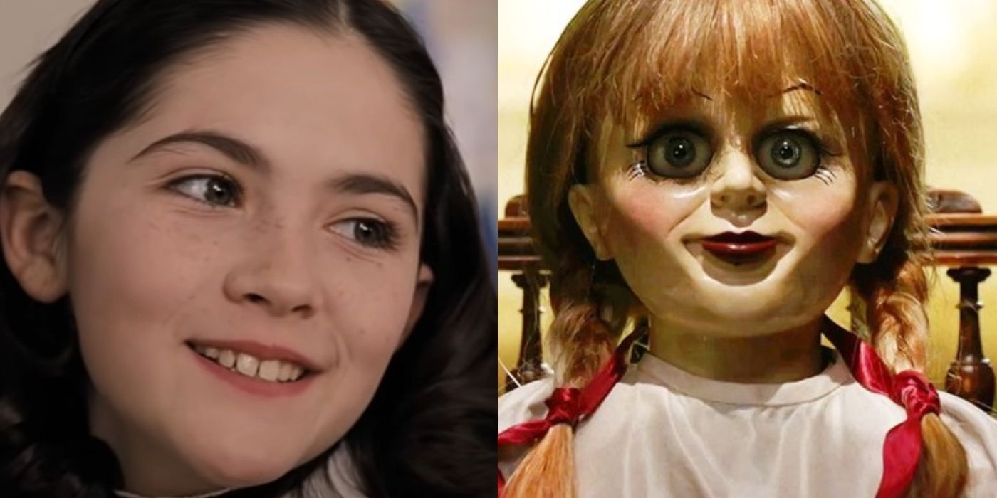 Split image of Esther in Orphan and Annabelle the doll in Annabelle: Creation