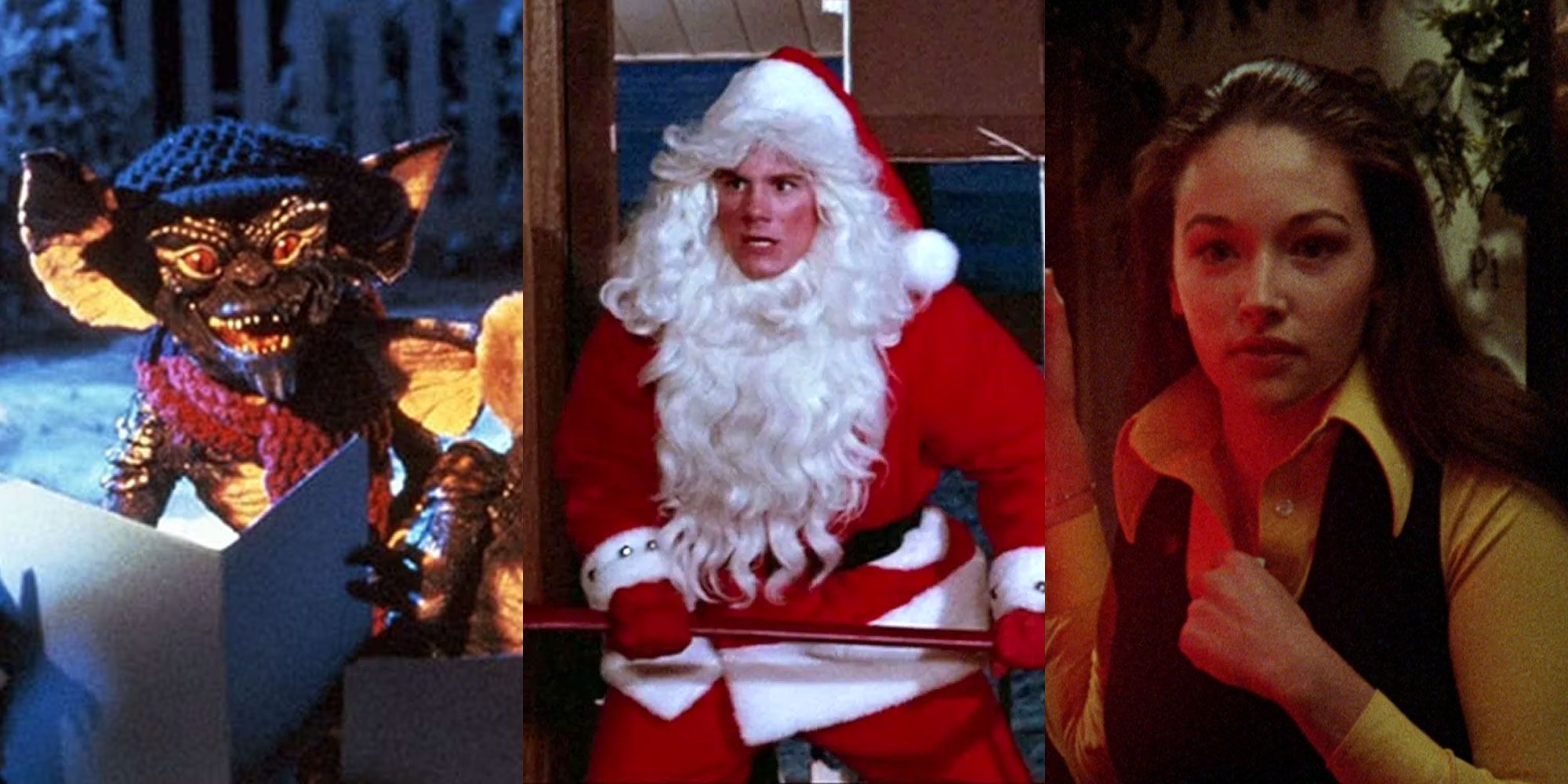 A split image features characters in Gremlins, Silent Night Deadly Night, and Black Christmas 