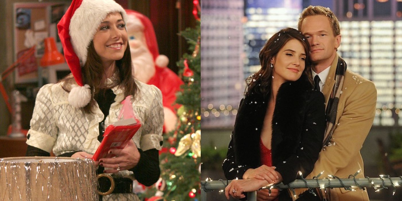 Split image of Lily in a Santa hat and Robin and Barney smiling in How I Met Your Mother