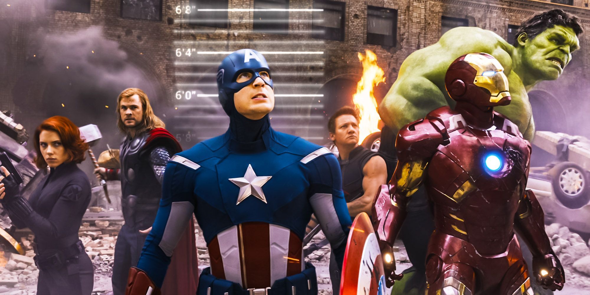 Black Widow, Thor, Captain America, Hawkeye, Iron Man, and Hulk in The Avengers