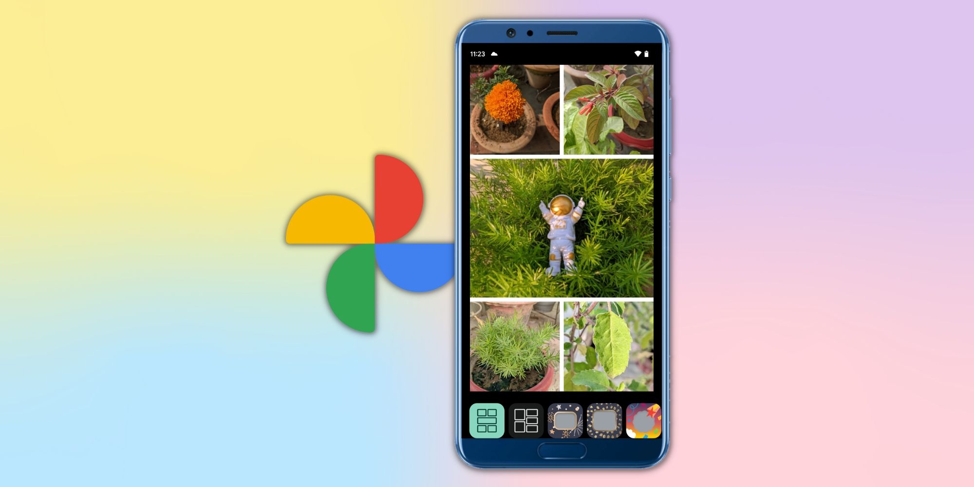 Screenshot of a picture collage created with Google Photos with the app's logo over a colorful background