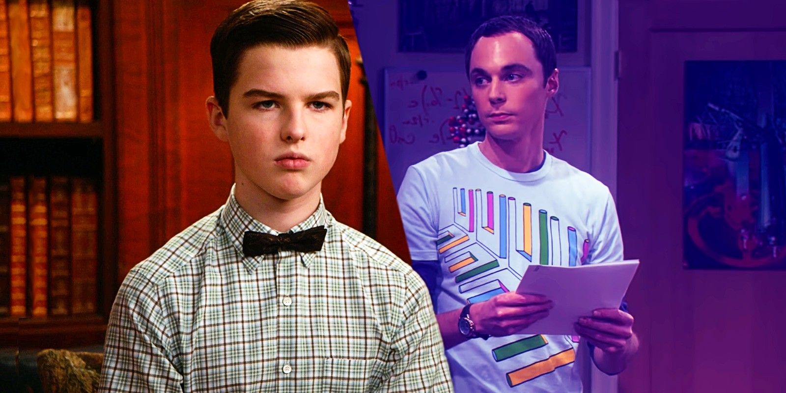 Iain Armitage como Sheldon em Young Sheldon temporada 6 e Jim Parsons como Sheldon em The Big Bang Theory temporada 2-2