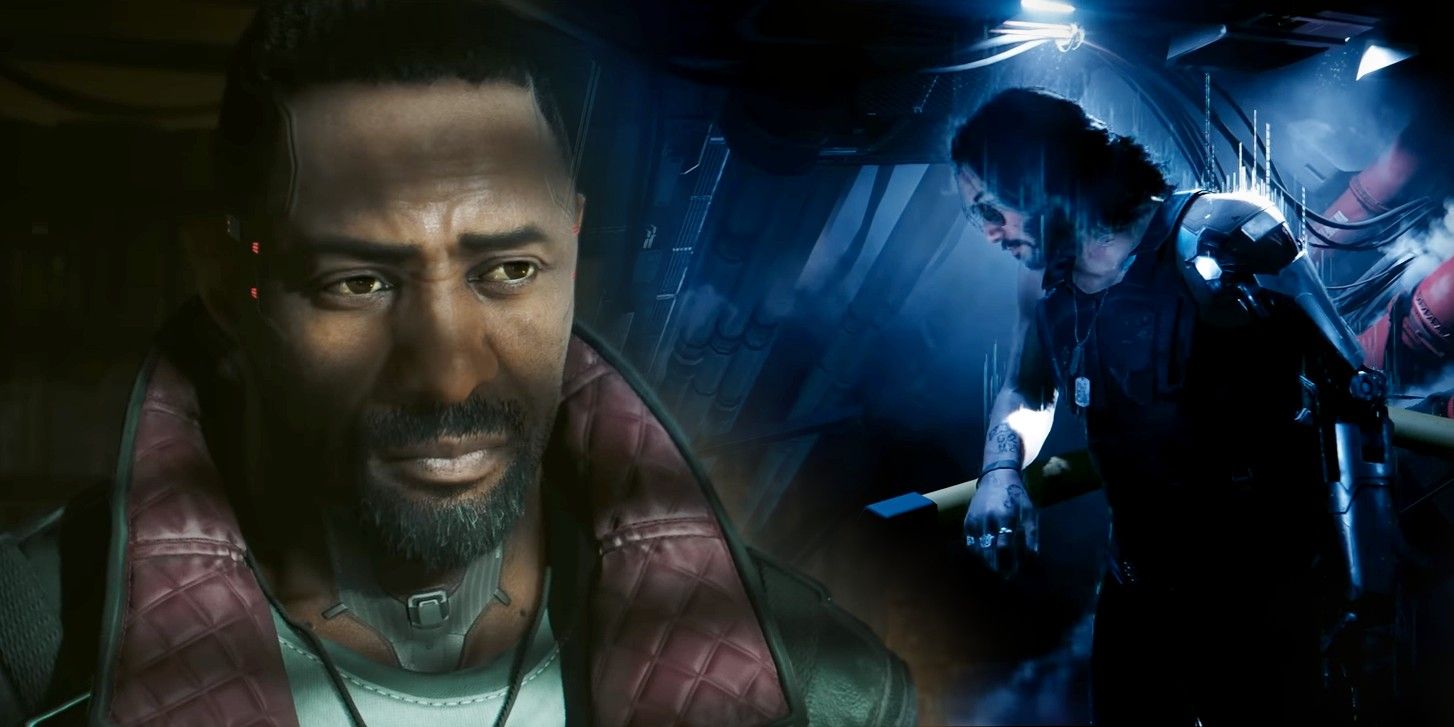 Gambar gabungan Solomon Reed yang melihat dari bayangan di depan Johnny Silverhand yang sedang bersandar pada pipa di Cyberpunk 2077