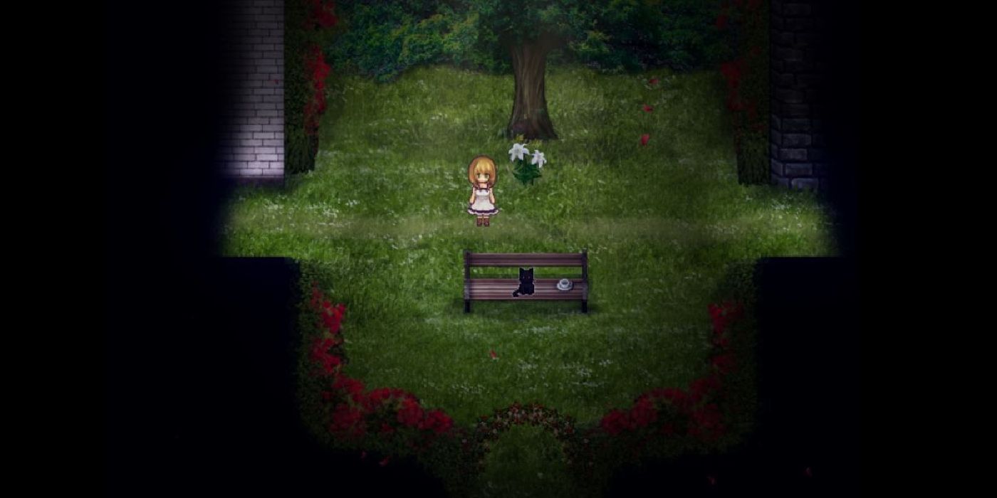 Ie No Majou: a little girl stands in a garden, with darkness closing in