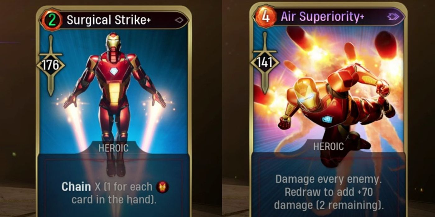 Iron Man's Surgical Strike and Air Superiority cards are seen in Marvel's Midnight Suns