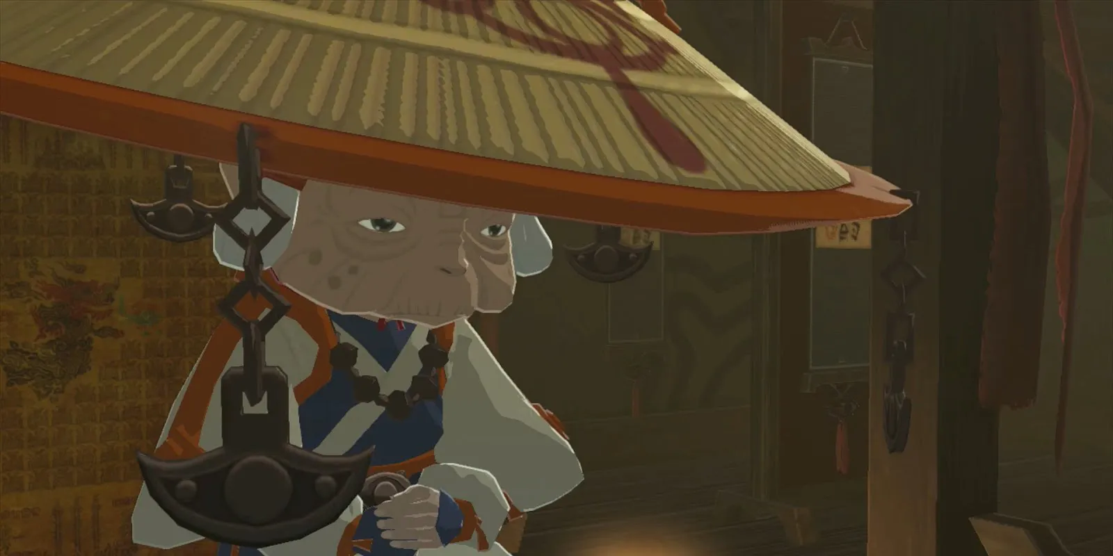 Impa sentada em sua casa na Vila Kakariko de Breath of the Wild.