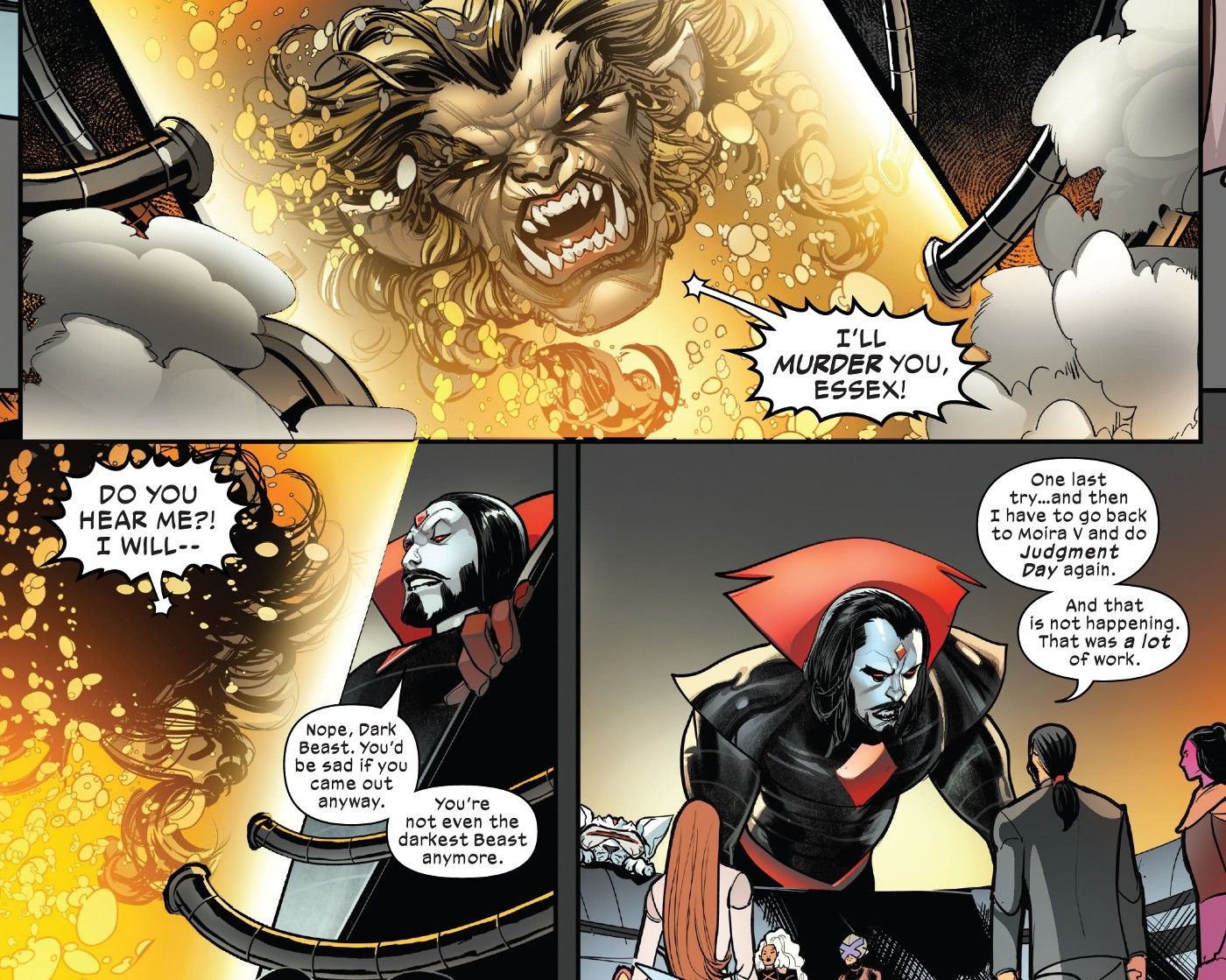 Senhor Sinistro revelando que tem a cabeça ainda viva de Dark Beast em seu laboratório em Immortal X-Men #9