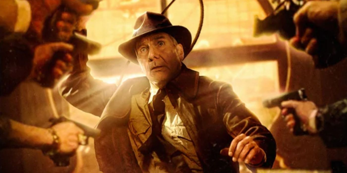 Pôster feito por fã de Harrison Ford parecendo surpreendente quando as armas apontam para ele em Indiana Jones e o Dial of Destiny.