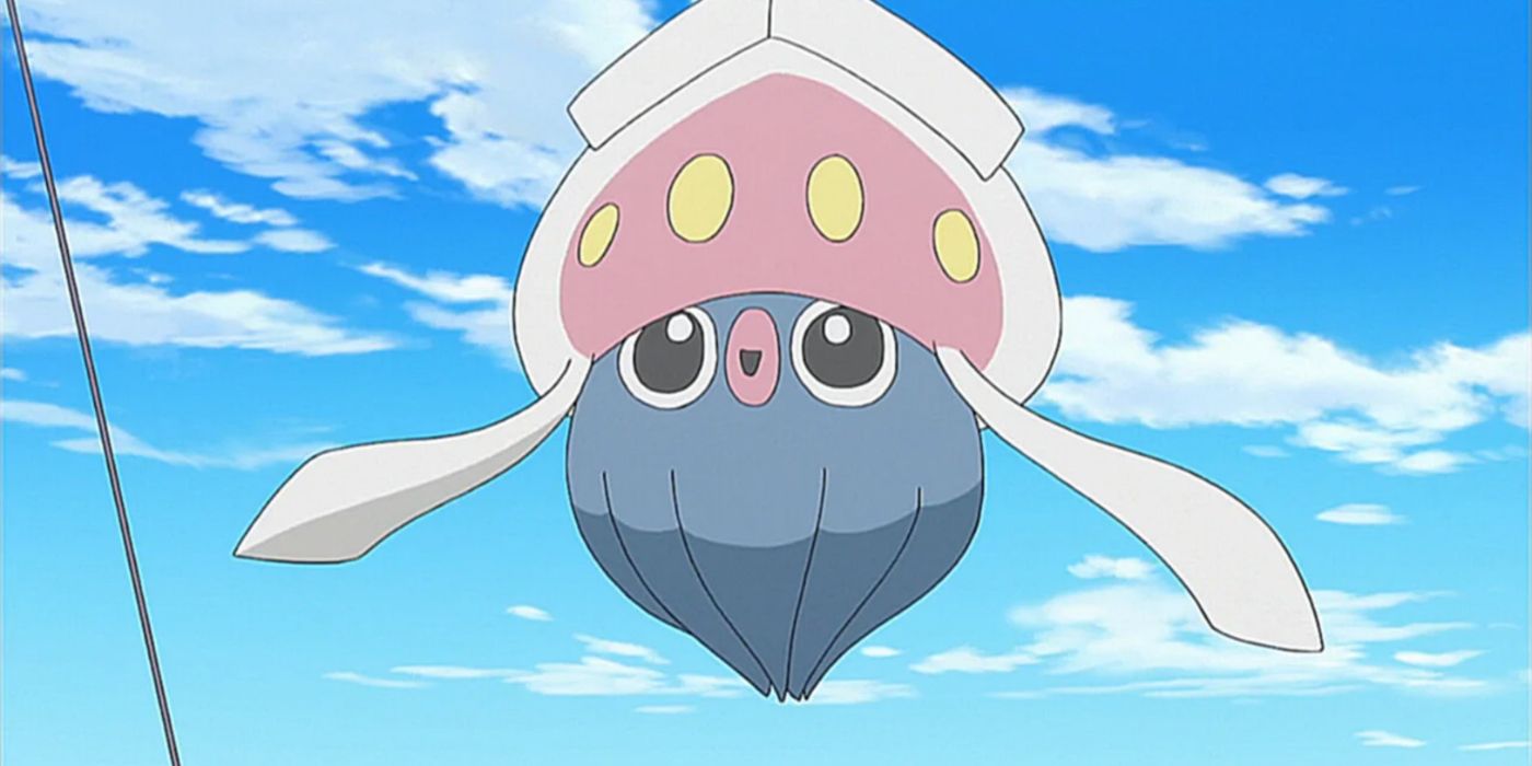 Inkay floats happily in the air in the Pokémon anime.