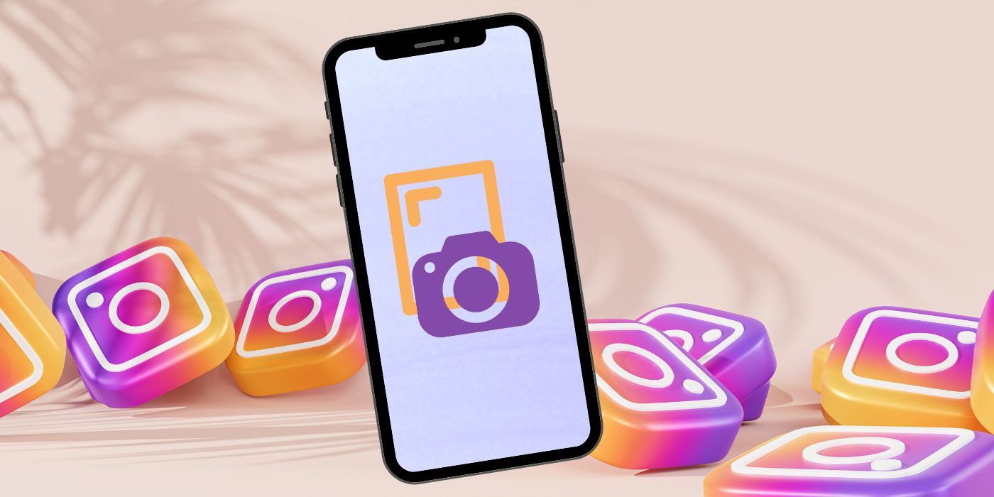 Graphic with miniature 3D instagram logo pieces and a cell phone with a graphic of a camera outside a frame.