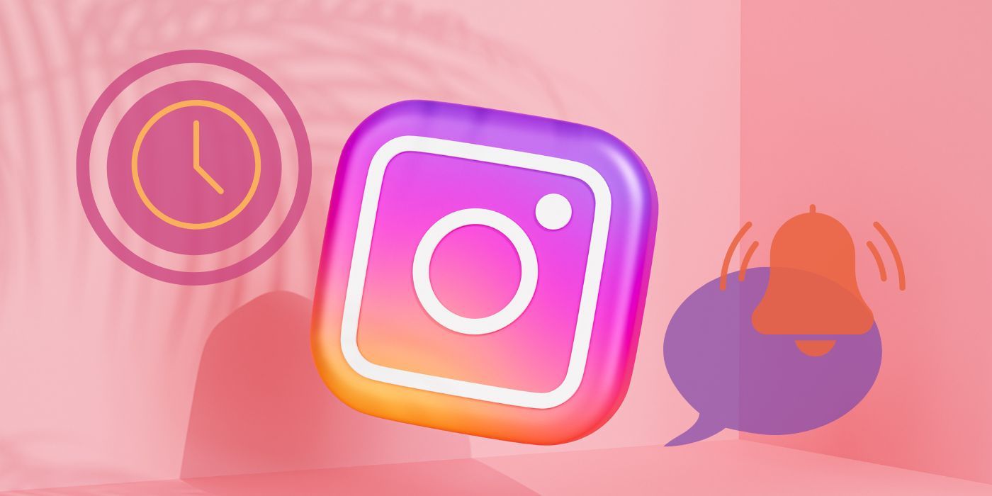 3D Instagram logo with a clock graphic on the left and message with alarm graphic on the right.
