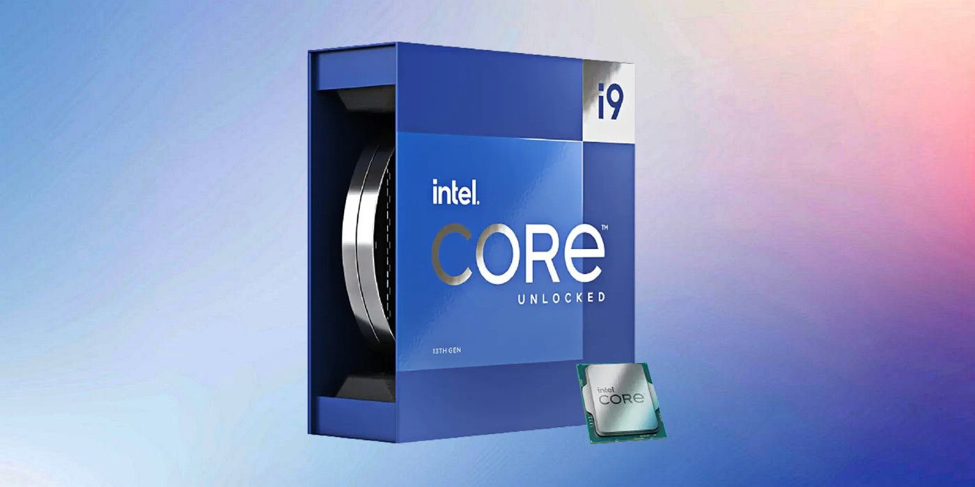 Intel Core i9 13th-gen retail box with a CPU in front. Custom gradient background