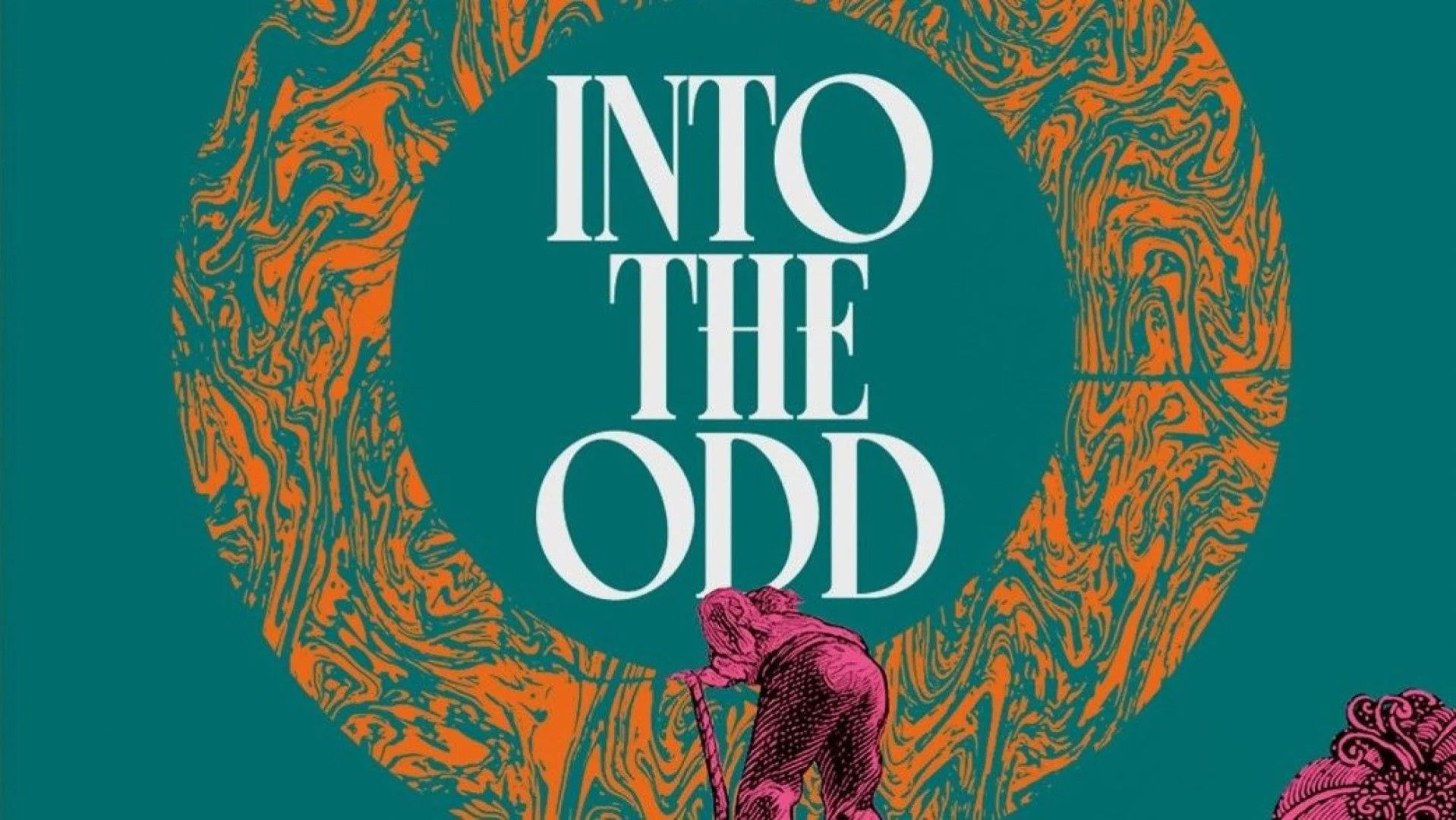 Em The Odd Remastered Key Art mostrando o título cercado por um círculo laranja, um homem em tons de rosa é mostrado rastejando em direção ao texto.