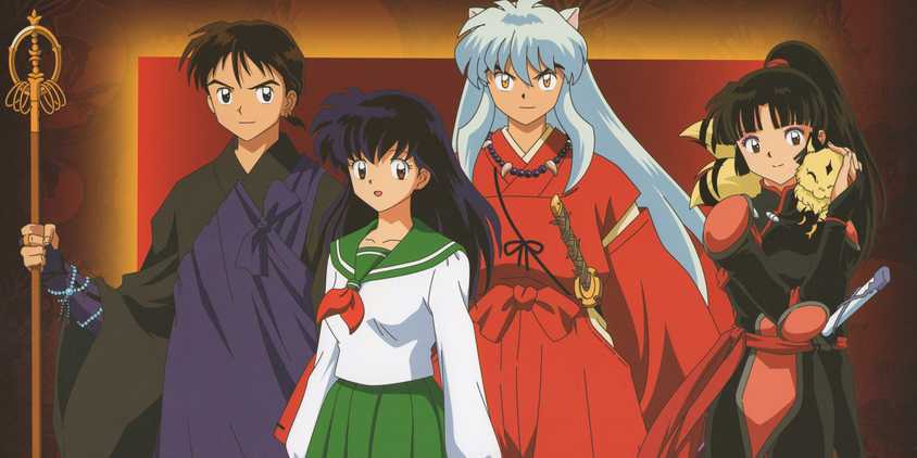 Inuyasha cast including the title character and Kagome standing together.