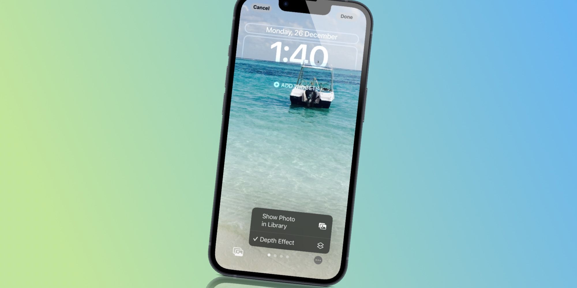 Um iPhone com iOS 16 mostrando a opção de efeito de profundidade nas configurações da tela de bloqueio
