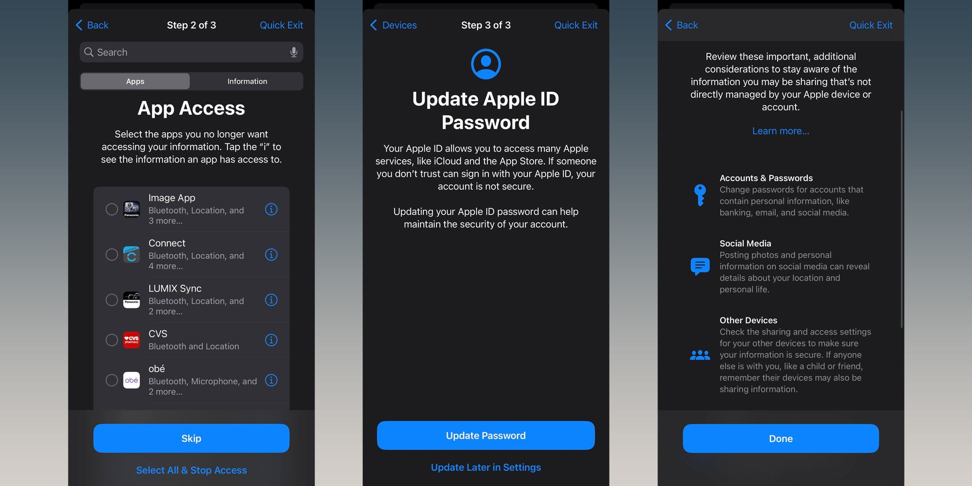 Screenshots mit Schritten zum Entfernen des App-Zugriffs bei der iPhone-Sicherheitsprüfung