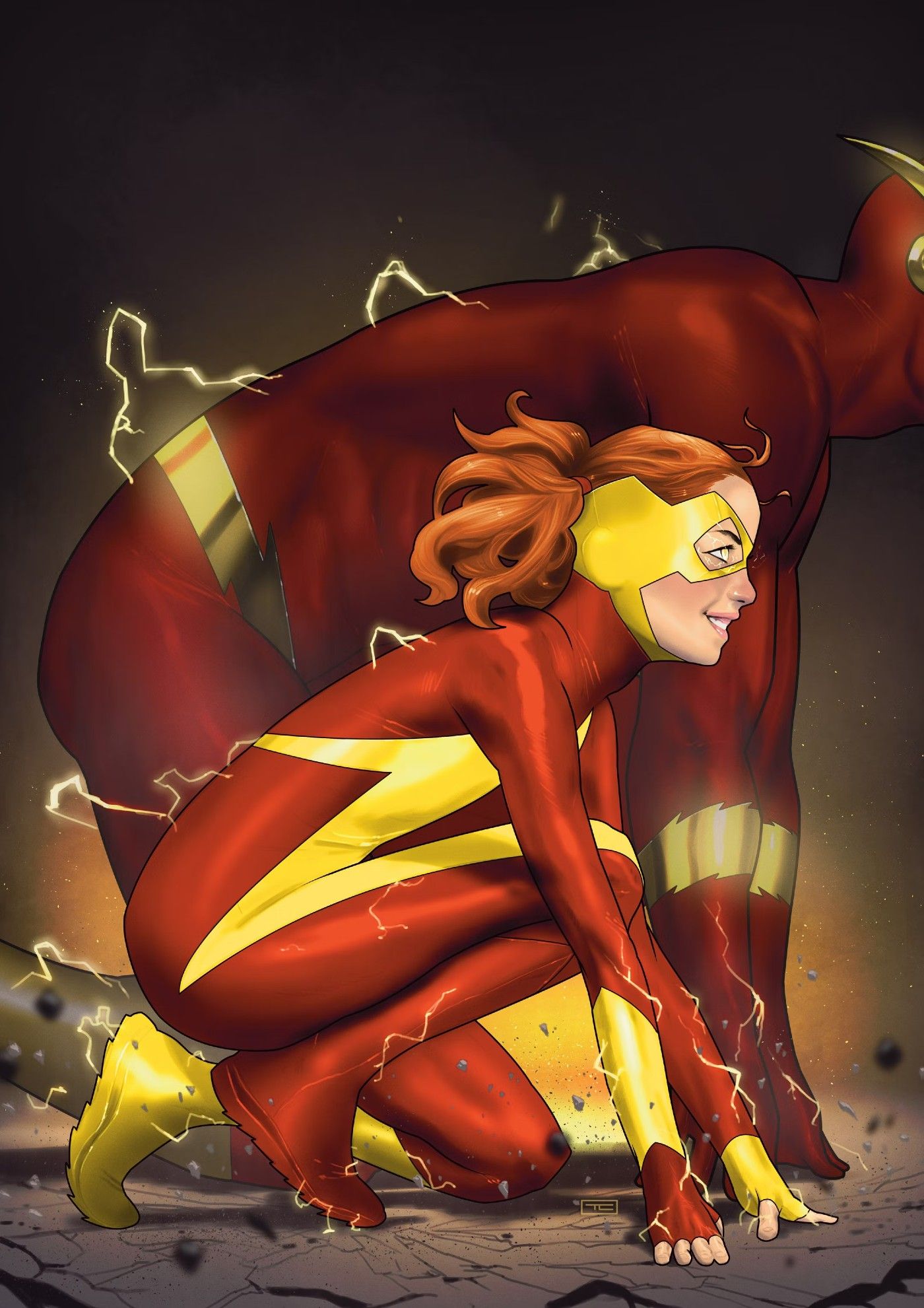 Irey West em um traje vermelho e dourado agachado para correr com o Flash