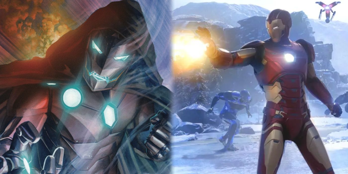 A split image showing comic cover art for Infamous Iron Man on the left, and Marvel's Avengers' Iron Man on the right.