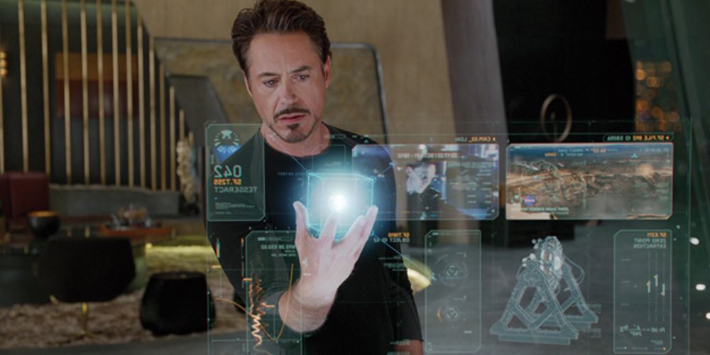 Tony holds a digital cube in Iron Man 2
