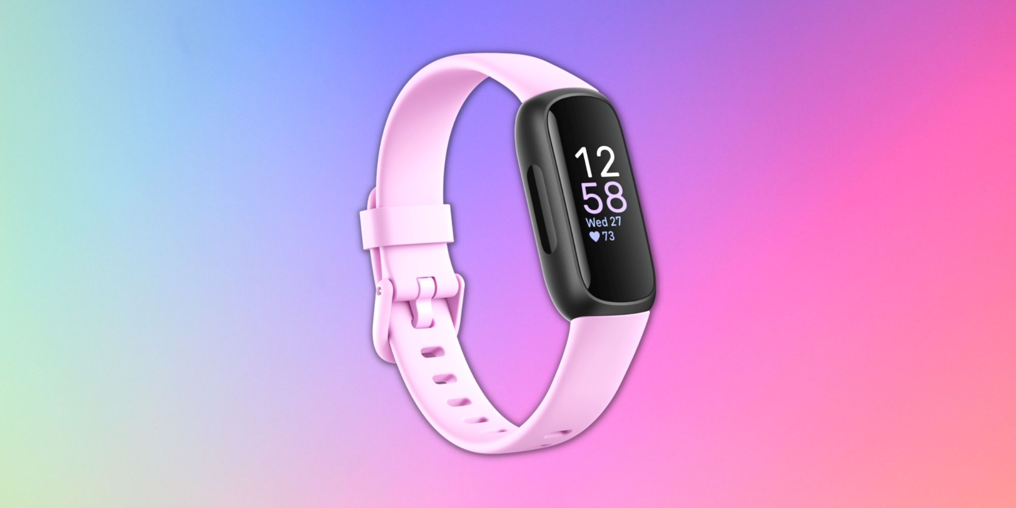 A pink variation of a Fitbit Inspire 3 in front of a blue-red gradient background