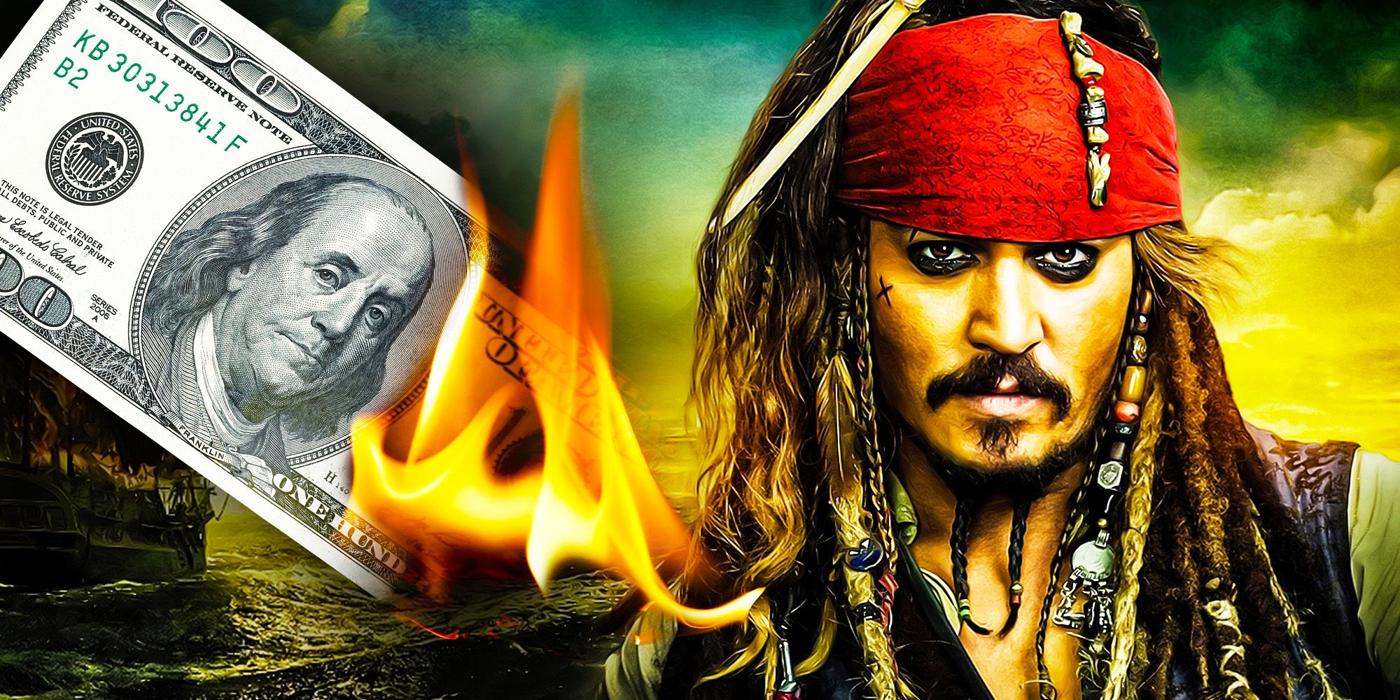 Jack Sparrow and a burning dollar bill.