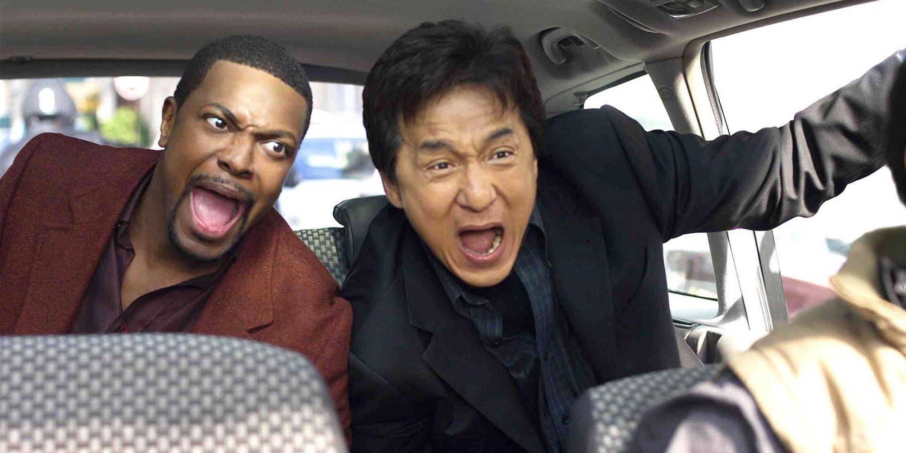 Jackie Chan and Chris Tucker screaming in a taxi in Rush Hour 3