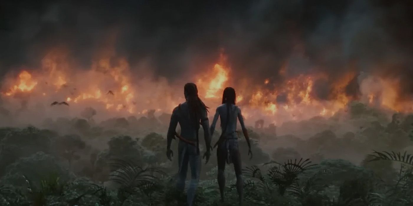 jake and neytiri looking over burning ground in avatar the way of water