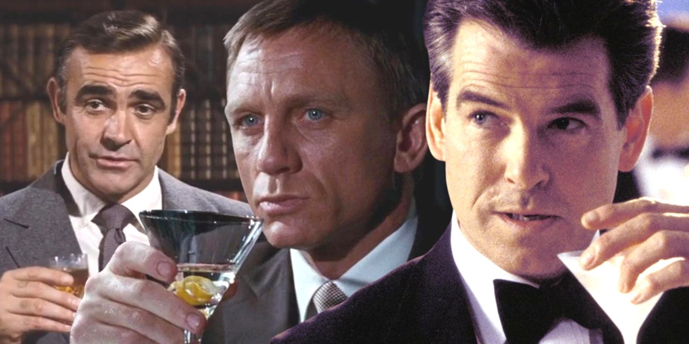Sean Connery, Daniel Craig, and Piers Brosnan and James Bond 007, all three are drinking Vodka martinis.