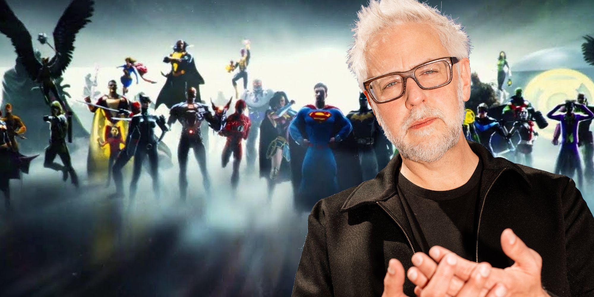 James Gunn in front of DC Comics characters.