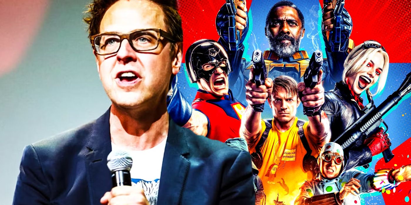 James Gunn em frente à arte de Esquadrão Suicida.