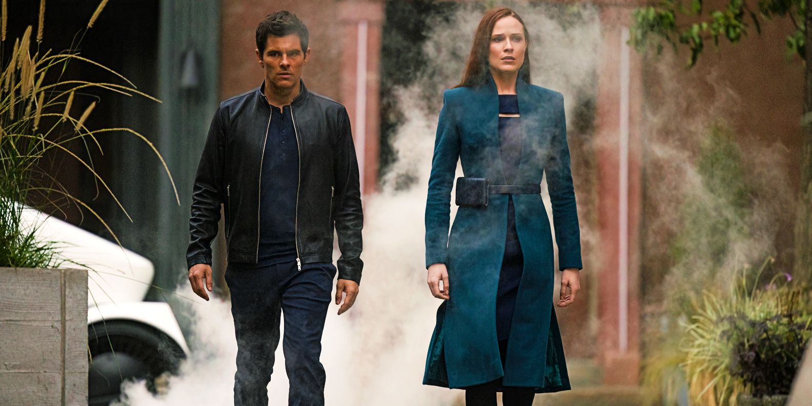 James Marsden as Teddy and Evan Rachel Wood as Christina walking down street looking worried in Westworld season 4