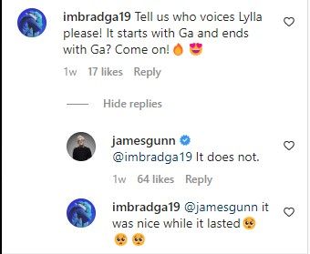 Uma captura de tela de James Gunn comentando em uma postagem no Instagram