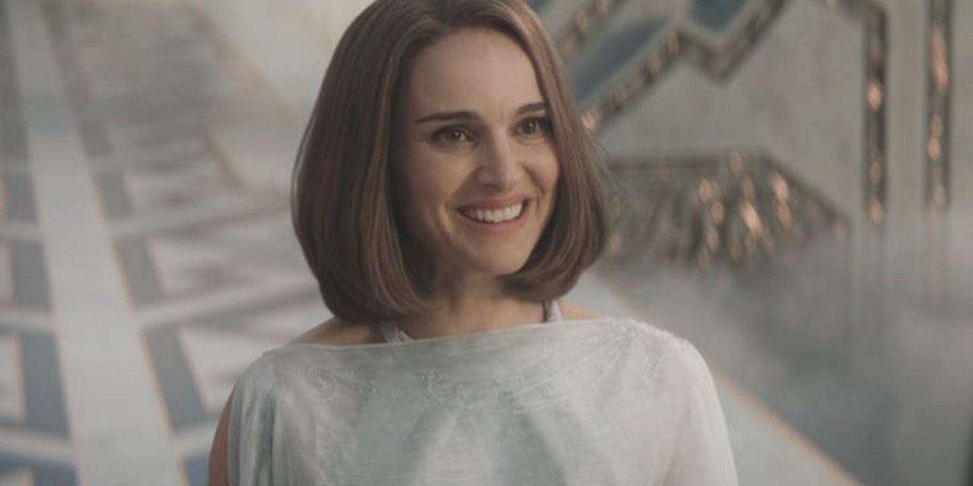 Jane Foster (Natalie Portman) smiles as she realizes she has arrived in Valhalla in Thor: Love and Thunder