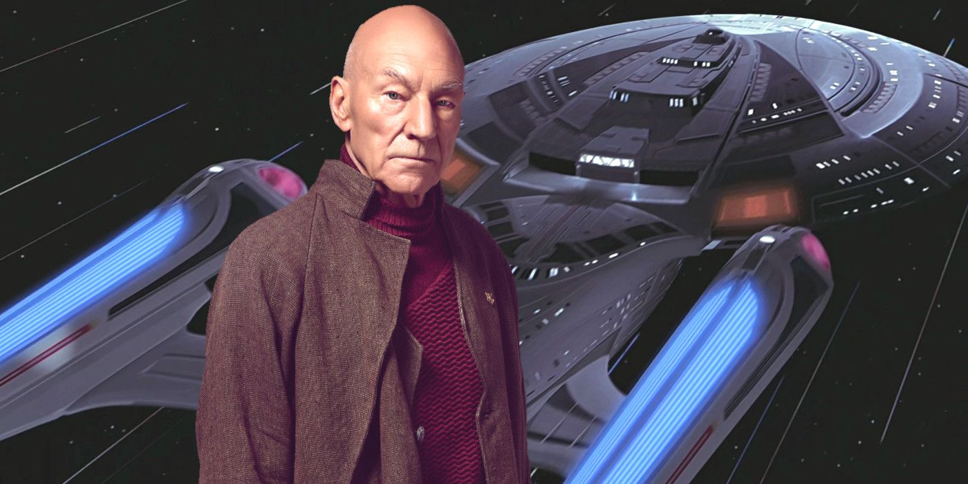 Old Jean-Luc Picard in civilian attire backdropped by the Enterprise E traveling at warp