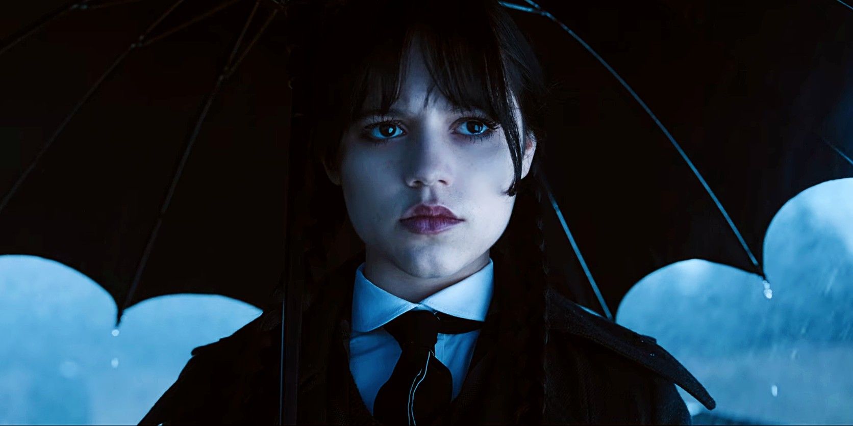 Jenna Ortega as Wednesday Addams under umbrella