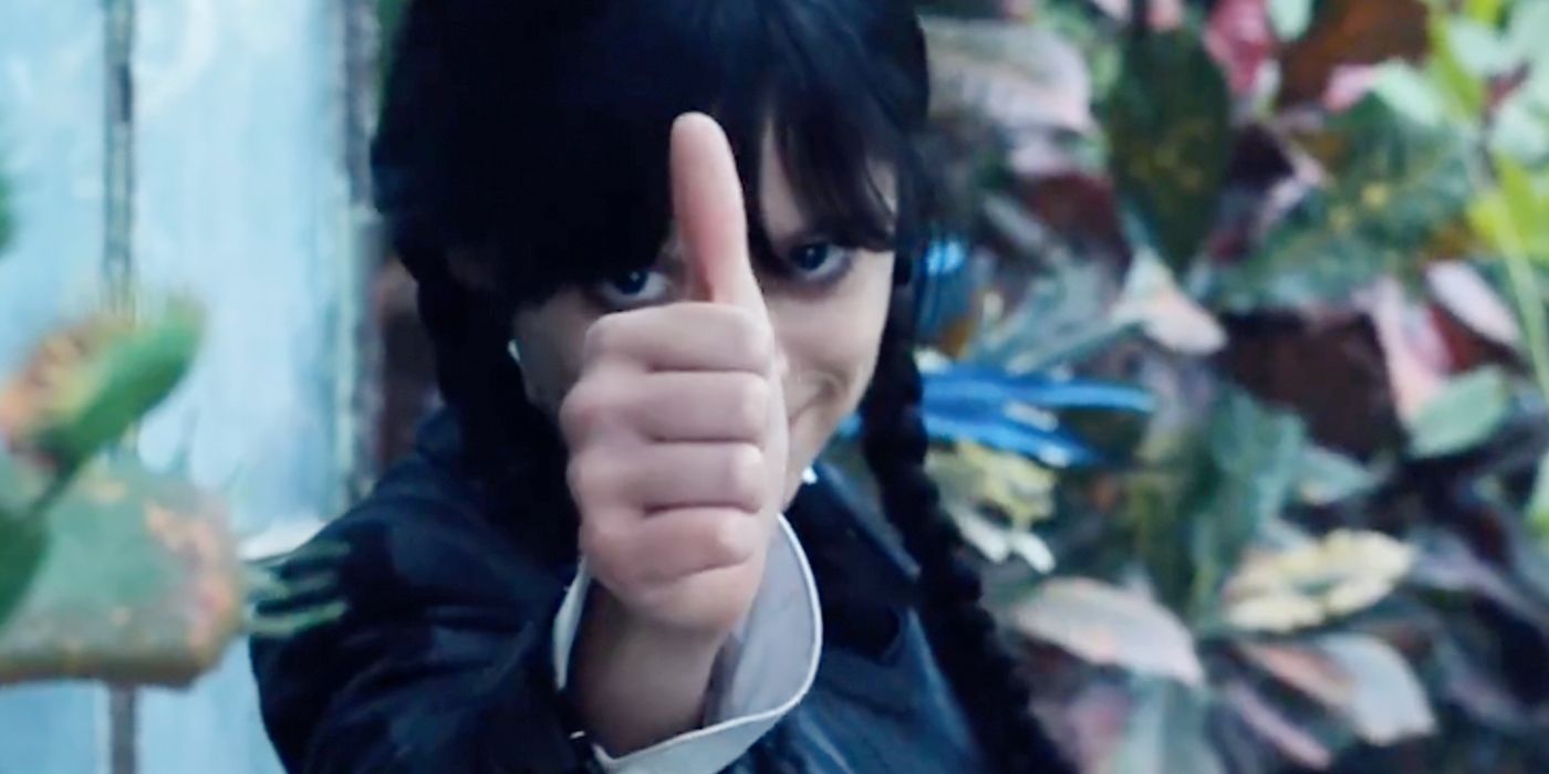 Jenna Ortega as Wednesday giving a thumbs up in Netflix Gag Reel