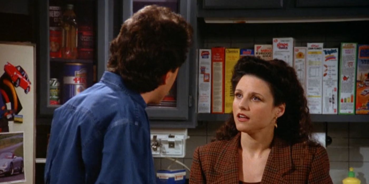 Jerry conversando com Elaine em seu apartamento em Seinfeld.