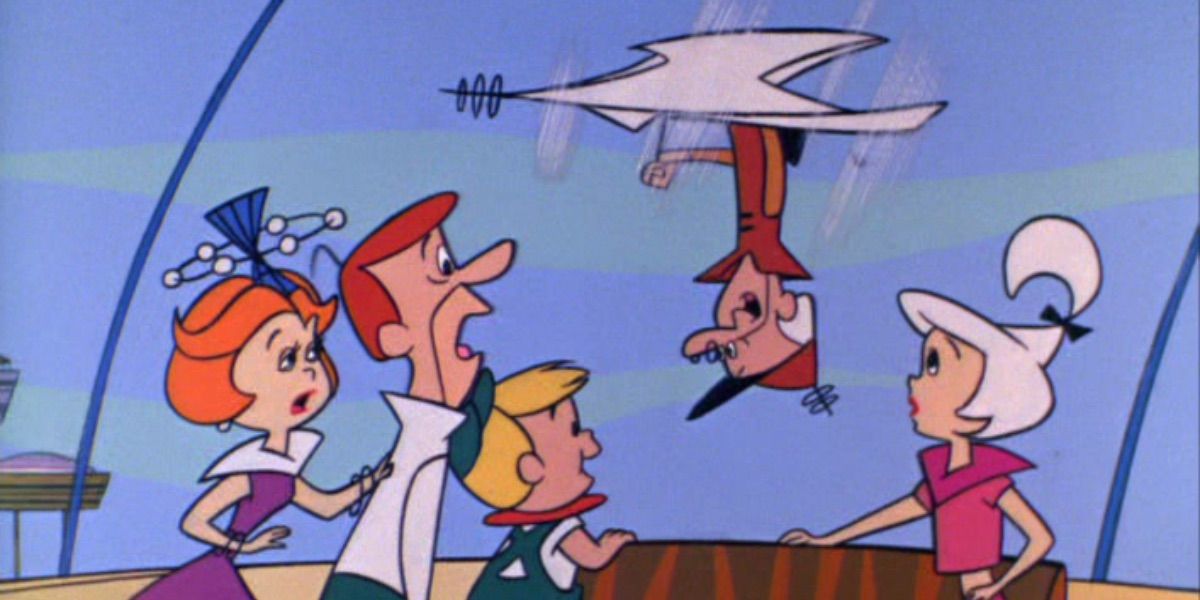 Montague Jetson flies by as the family watches in shock from The Jetsons 