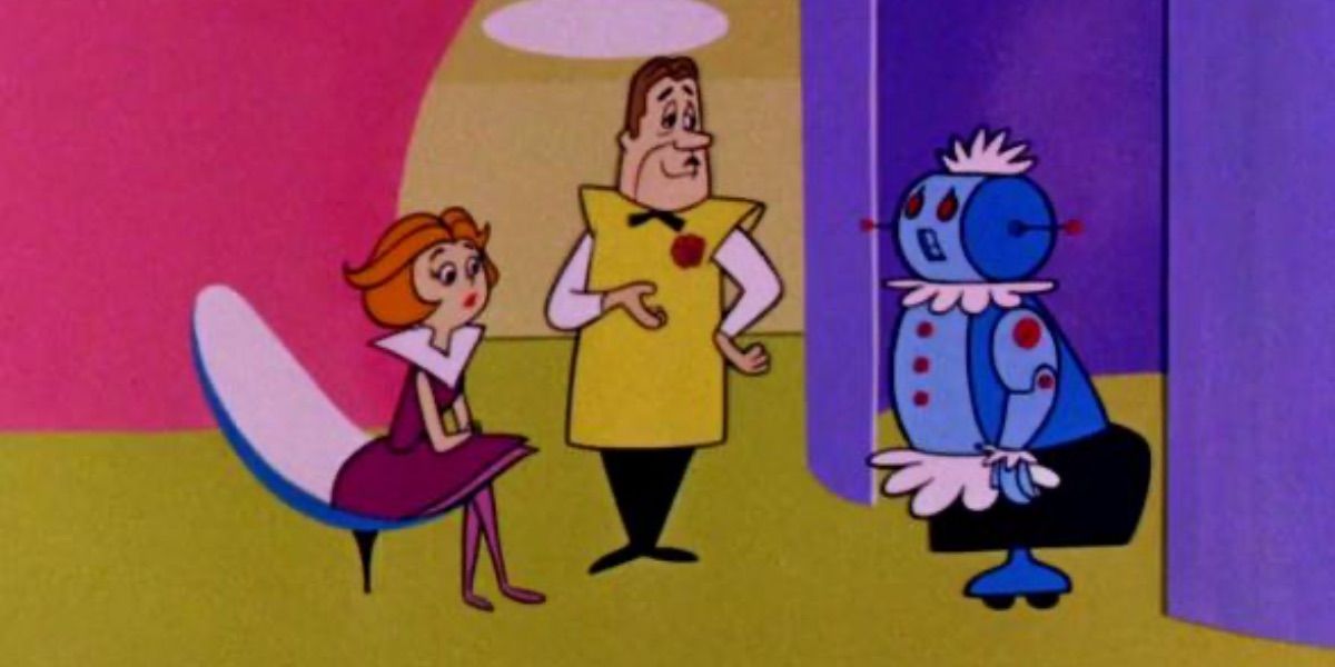 A salesman introduces Rosey the Robot to a skeptical Jane from The Jetsons 