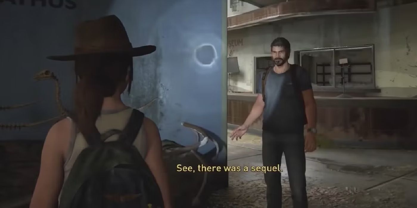 Ellie wearing a hat and shining a flashlight on Joel in The Last of Us Part II.