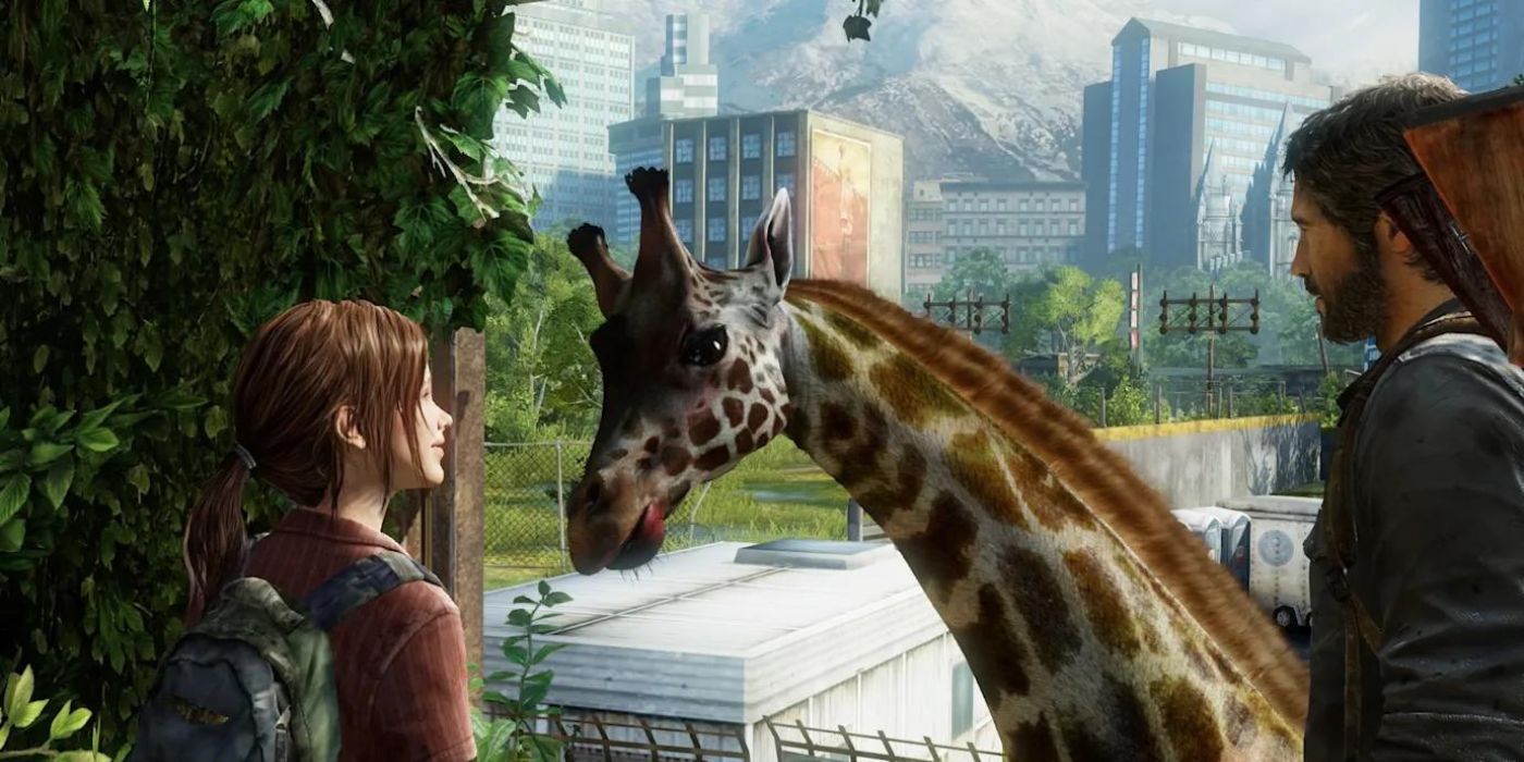 Joel and Ellie with the giraffes in The Last of Us