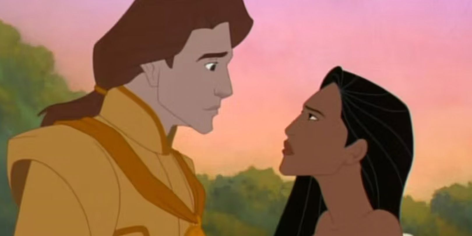 John Rolfe e Pocahontas se encaram no filme de animação da Disney