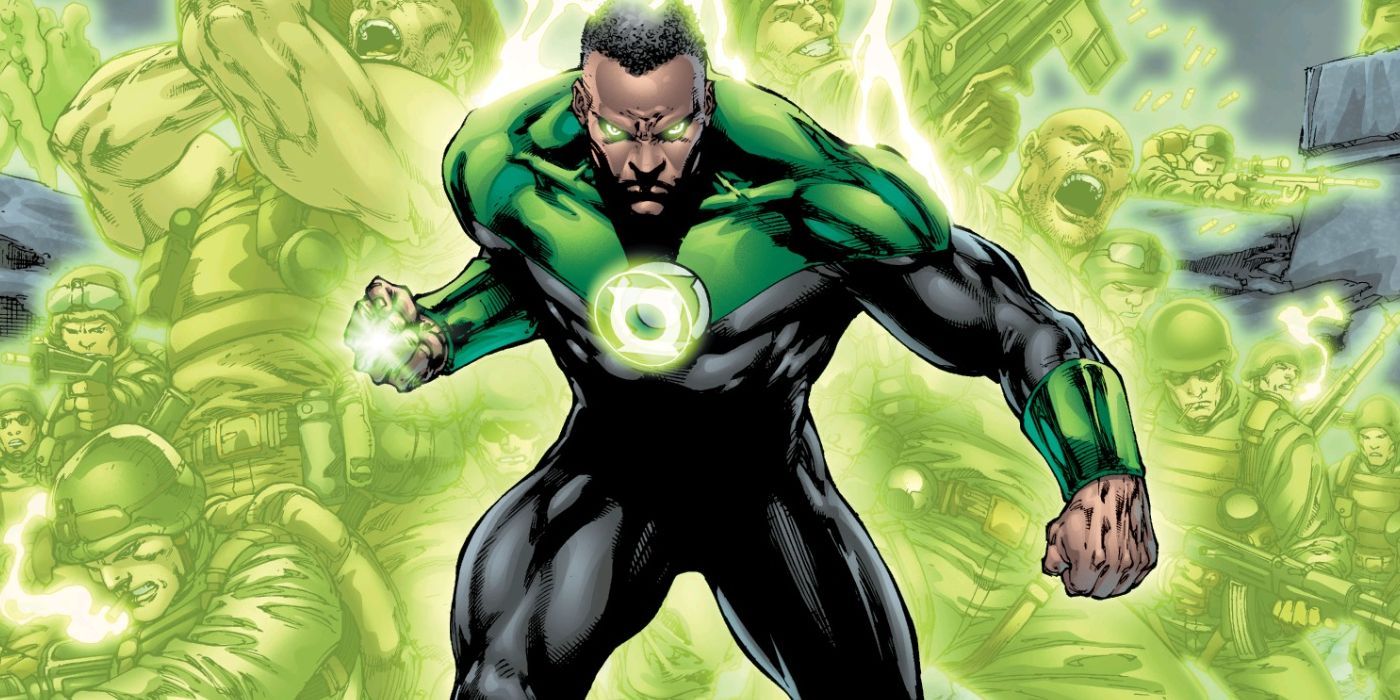 John Stewart Green Lantern backed by an army made of hard light in DC Comics