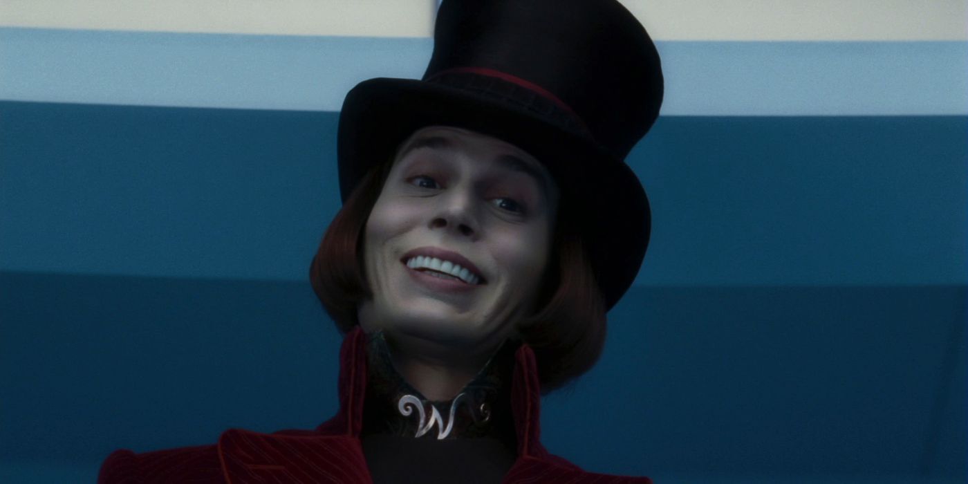 Johnny Depp em Charlie e a Fábrica de Chocolate dirigido por Tim Burton