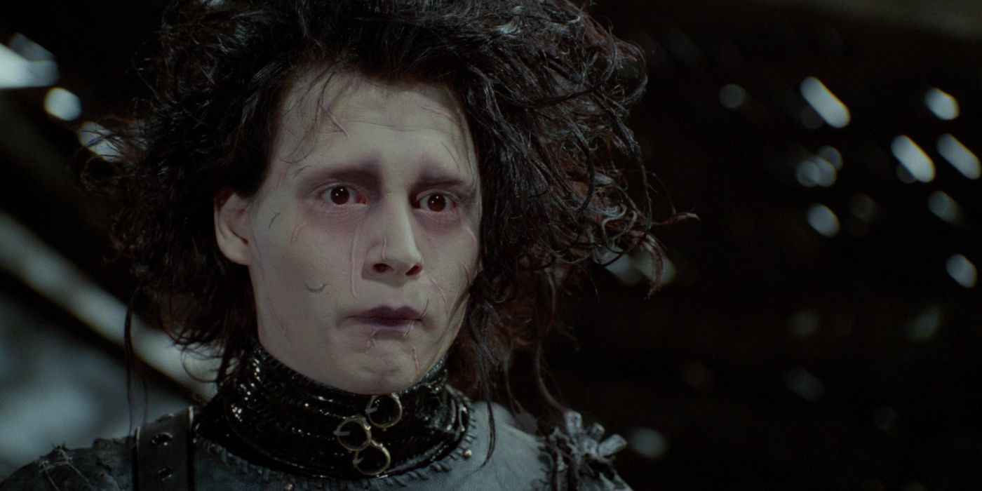 Edward Scissorhands appears as though he is about to cry after discovering some terrible news inside The Inventor's mansion in Edward Scissorhands