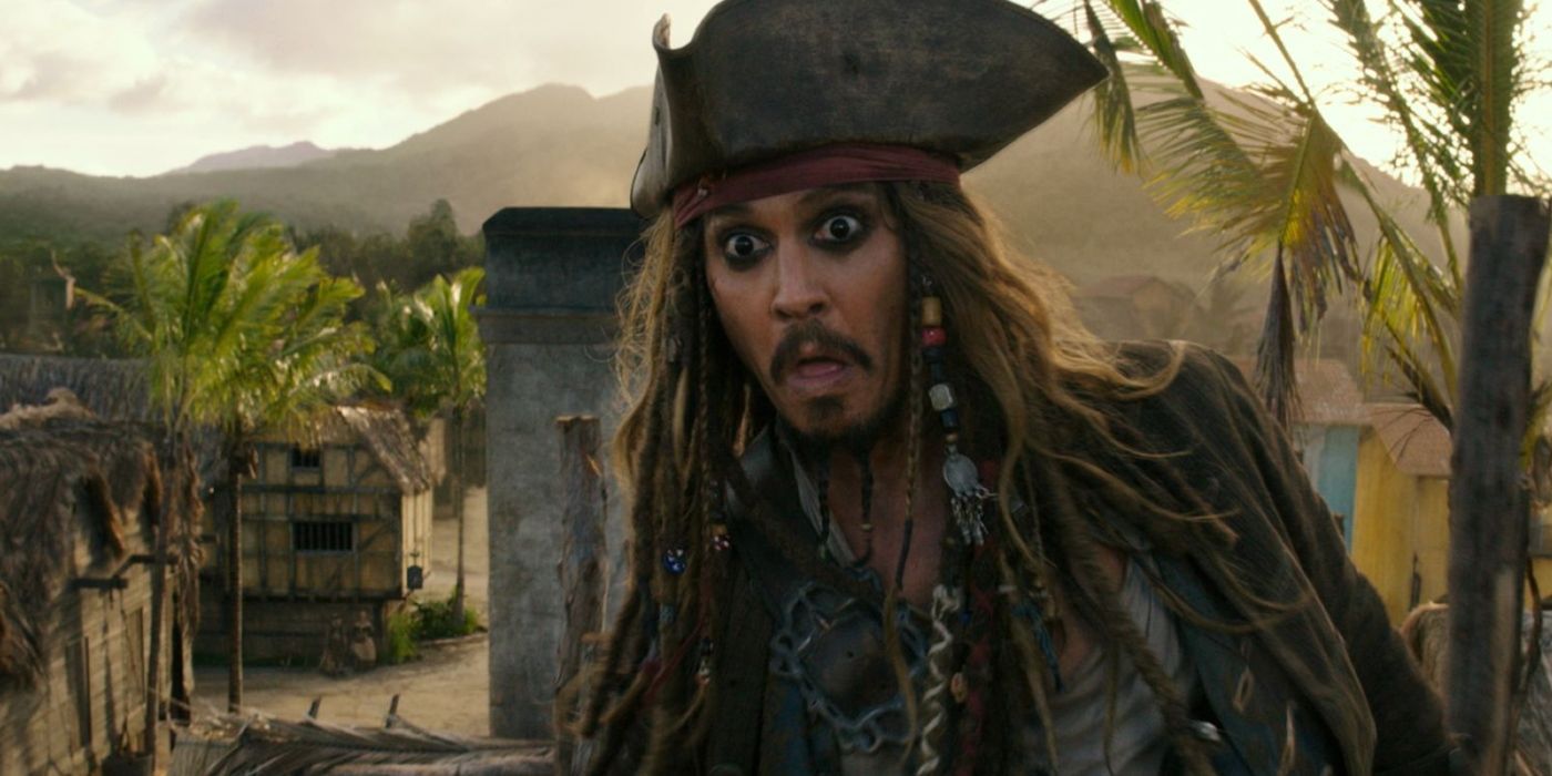 Johnny Depp looking surprised as Jack Sparrow in Pirates of the Caribbean 5.