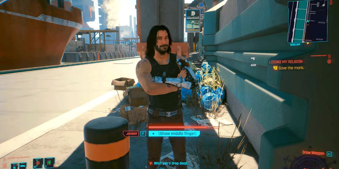 The protagonist being prompted to show their middle finger to Johnny Silverhand in Cyberpunk 2077.